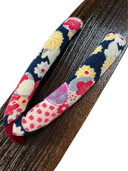 Japanese Women's Traditional Wooden Geta Sandals with Colorful Floral Navy Straps, Size M-L