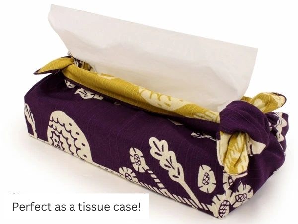 Japanese Traditional Reversible Furoshiki Wrapping cloth 41 in, Purple & Mustard Yellow with Chrysanthemum