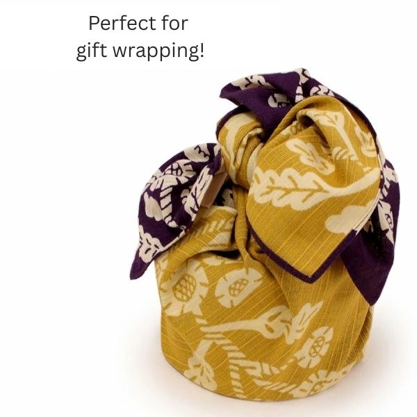Japanese Traditional Reversible Furoshiki Wrapping cloth 41 in, Purple & Mustard Yellow with Chrysanthemum