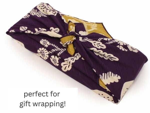 Japanese Traditional Reversible Furoshiki Wrapping cloth 41 in, Purple & Mustard Yellow with Chrysanthemum