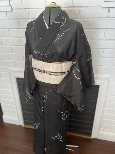 WASHABLE KIMONO, Crane, Black, Size: M / Japanese Traditional Women's Summer Kimono