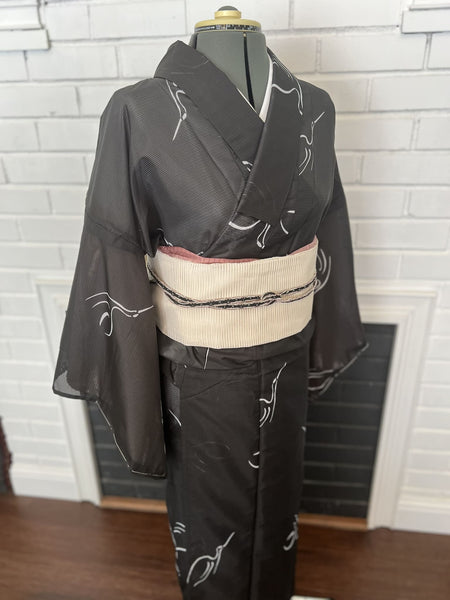 WASHABLE KIMONO, Crane, Black, Size: M / Japanese Traditional Women's Summer Kimono