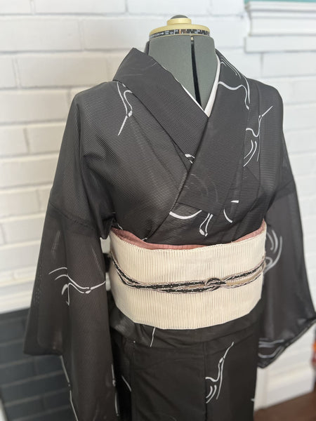 WASHABLE KIMONO, Crane, Black, Size: M / Japanese Traditional Women's Summer Kimono