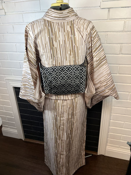 Japanese Vintage Komon Kimono: Striped Hitoe, Washable Polyester S-M