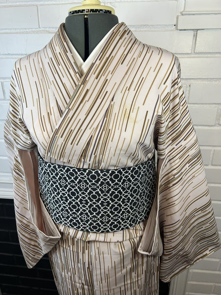 Japanese Vintage Komon Kimono: Striped Hitoe, Washable Polyester S-M