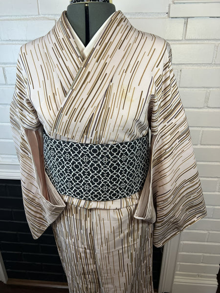 Japanese Vintage Komon Kimono: Striped Hitoe, Washable Polyester S-M