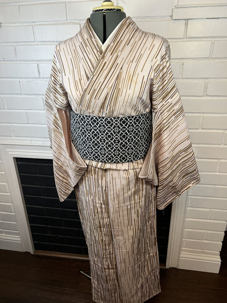 Japanese Vintage Komon Kimono: Striped Hitoe, Washable Polyester S-M