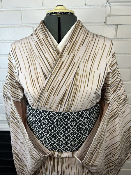 Japanese Vintage Komon Kimono: Striped Hitoe, Washable Polyester S-M