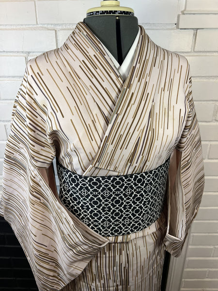 Japanese Vintage Komon Kimono: Striped Hitoe, Washable Polyester S-M