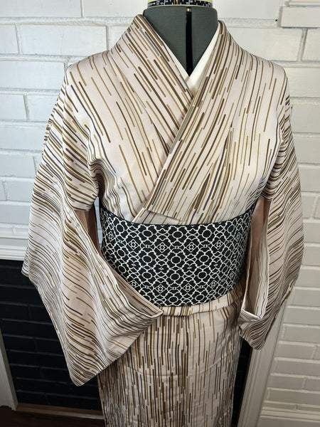Japanese Vintage Komon Kimono: Striped Hitoe, Washable Polyester S-M