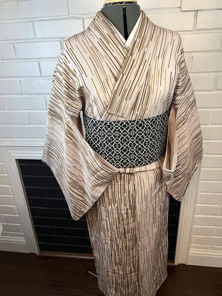 Japanese Vintage Komon Kimono: Striped Hitoe, Washable Polyester S-M