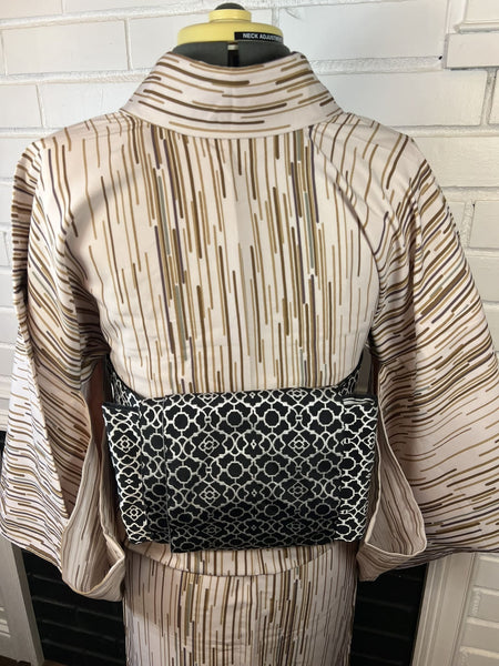 Japanese Vintage Komon Kimono: Striped Hitoe, Washable Polyester S-M