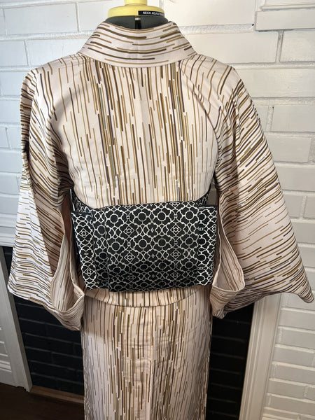 Japanese Vintage Komon Kimono: Striped Hitoe, Washable Polyester S-M