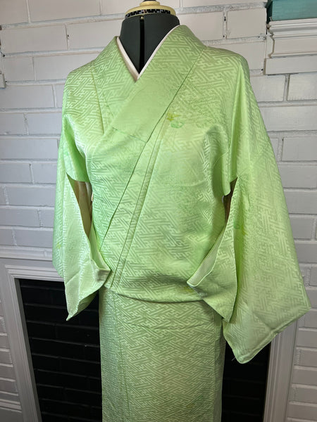 Japanese Vintage Komon Kimono: Light Green Geometric Woven Polyester, Size M