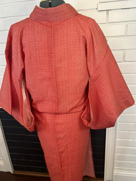 Vintage Japanese Red Cotton Kimono / Lightweight Hitoe (Unlined) / Minimal Geometric Pattern
