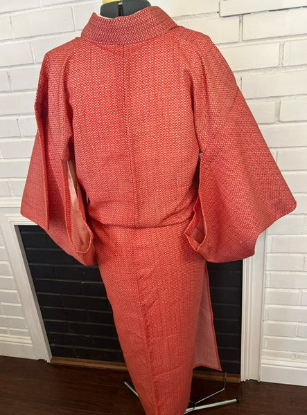 Vintage Japanese Red Cotton Kimono / Lightweight Hitoe (Unlined) / Minimal Geometric Pattern