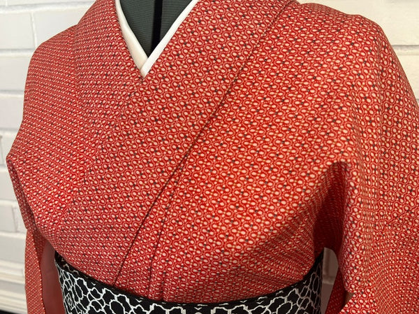 Vintage Japanese Red Cotton Kimono / Lightweight Hitoe (Unlined) / Minimal Geometric Pattern