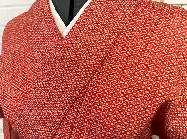 Vintage Japanese Red Cotton Kimono / Lightweight Hitoe (Unlined) / Minimal Geometric Pattern