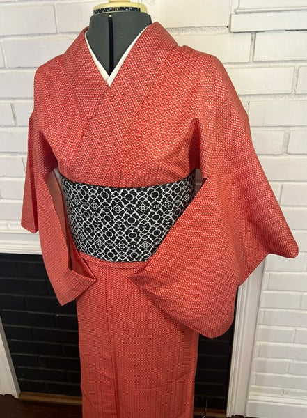 Vintage Japanese Red Cotton Kimono / Lightweight Hitoe (Unlined) / Minimal Geometric Pattern