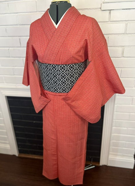 Vintage Japanese Red Cotton Kimono / Lightweight Hitoe (Unlined) / Minimal Geometric Pattern