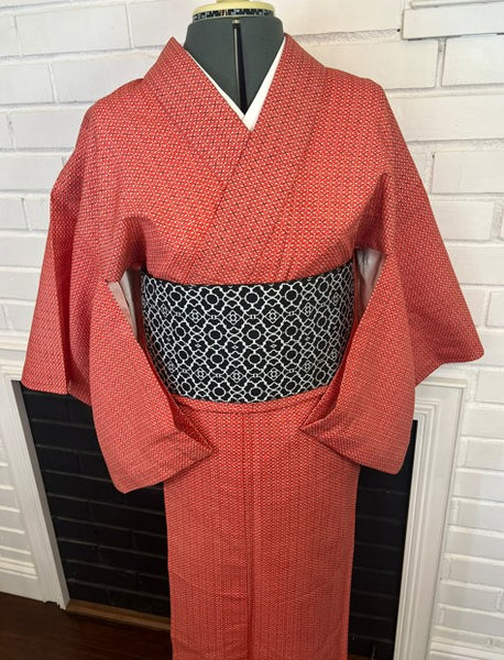 Vintage Japanese Red Cotton Kimono / Lightweight Hitoe (Unlined) / Minimal Geometric Pattern