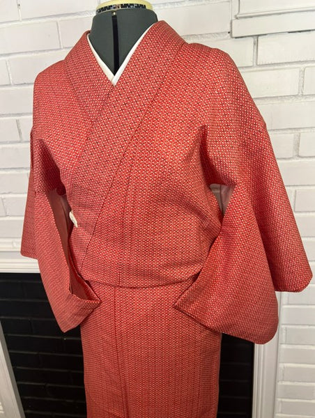 Vintage Japanese Red Cotton Kimono / Lightweight Hitoe (Unlined) / Minimal Geometric Pattern