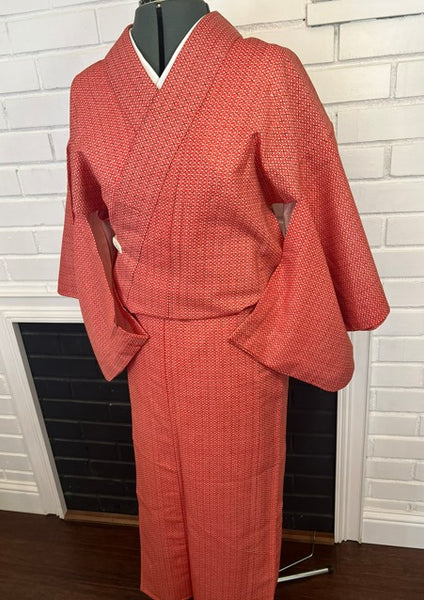 Vintage Japanese Red Cotton Kimono / Lightweight Hitoe (Unlined) / Minimal Geometric Pattern