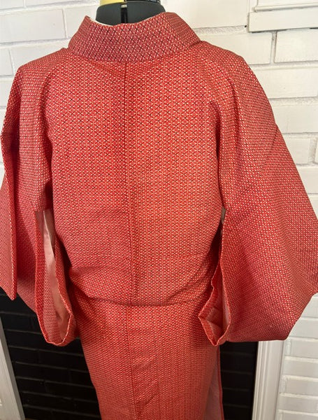 Vintage Japanese Red Cotton Kimono / Lightweight Hitoe (Unlined) / Minimal Geometric Pattern