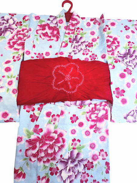 Girls' Blue Floral Yukata & Red Heko Obi Set - Japanese Cotton Kimono (Size 45 in.)