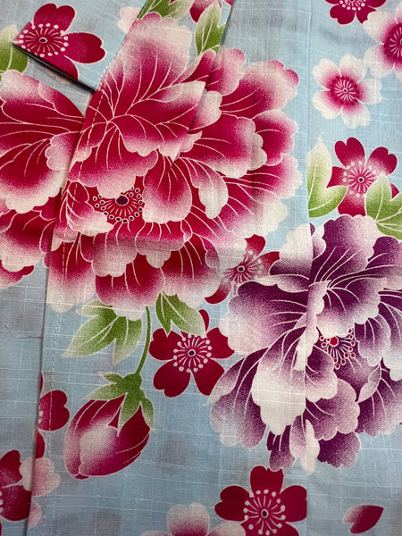 Girls' Blue Floral Yukata & Red Heko Obi Set - Japanese Cotton Kimono (Size 45 in.)