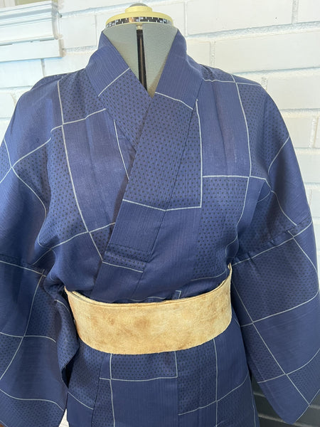 Japanese Men's YUKATA  / Traditional Navy blue with Lattice pattern, Size: LL