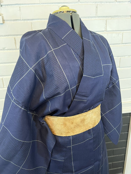 Japanese Men's YUKATA  / Traditional Navy blue with Lattice pattern, Size: LL