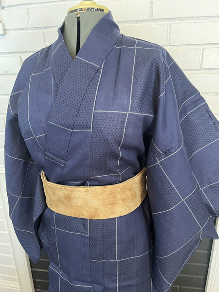 Japanese Men's YUKATA  / Traditional Navy blue with Lattice pattern, Size: LL