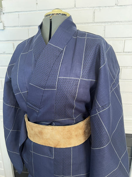 Japanese Men's YUKATA  / Traditional Navy blue with Lattice pattern, Size: LL