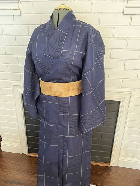 Japanese Men's YUKATA  / Traditional Navy blue with Lattice pattern, Size: LL