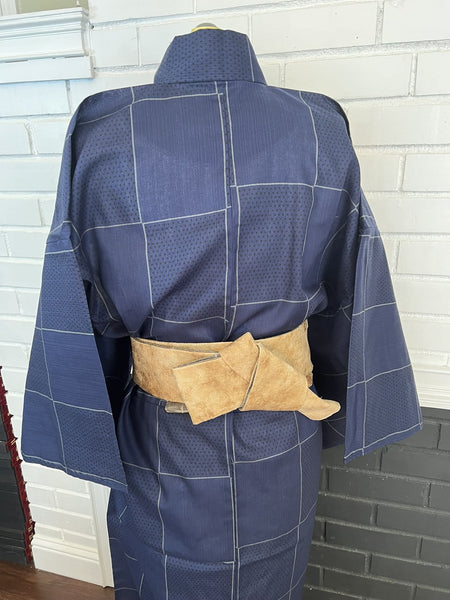 Japanese Men's YUKATA  / Traditional Navy blue with Lattice pattern, Size: LL