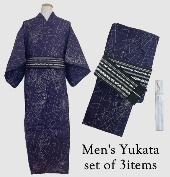 Japanese Men's YUKATA Full 3pc Set / Traditional Spider & Butterfly Yukata Size: L, Blue obi, Himo String