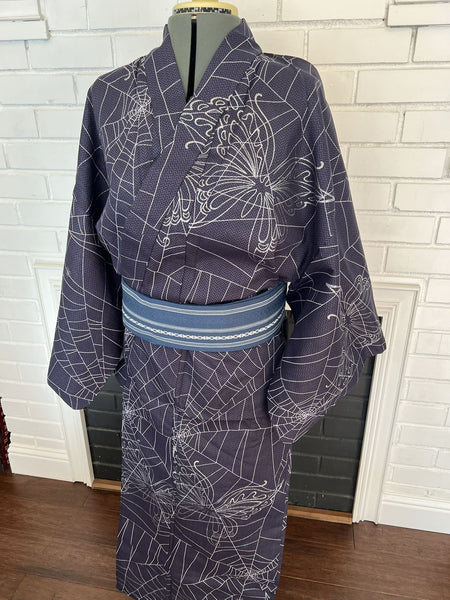Japanese Men's YUKATA Full 3pc Set / Traditional Spider & Butterfly Yukata Size: L, Blue obi, Himo String
