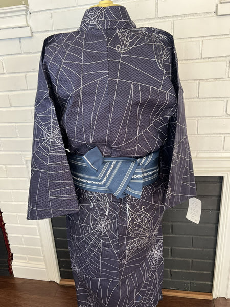 Japanese Men's YUKATA Full 3pc Set / Traditional Spider & Butterfly Yukata Size: L, Blue obi, Himo String