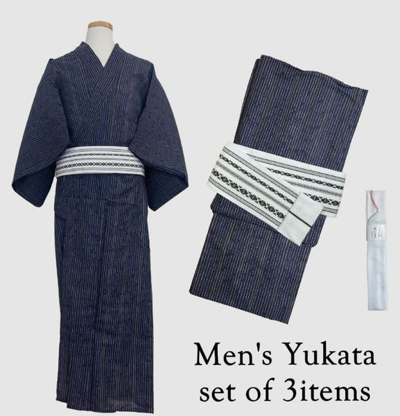 Japanese Men's YUKATA Full 3pc Set /  Traditional Stripe Yukata Size: LL, White obi, Himo String