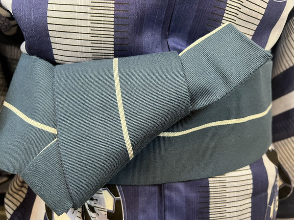 Men's Japanese Yukata Set: Blue Striped Cotton Kimono with Fan Motif