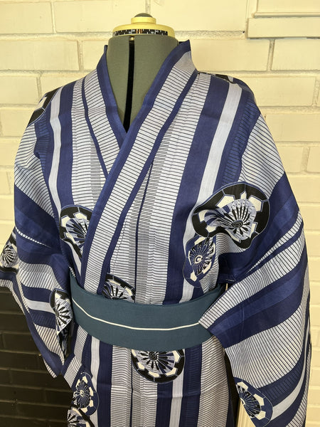 Men's Japanese Yukata Set: Blue Striped Cotton Kimono with Fan Motif
