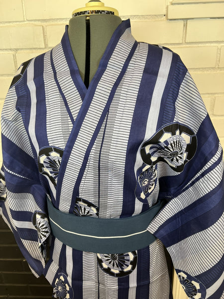 Men's Japanese Yukata Set: Blue Striped Cotton Kimono with Fan Motif
