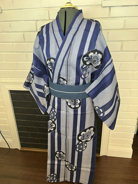 Men's Japanese Yukata Set: Blue Striped Cotton Kimono with Fan Motif
