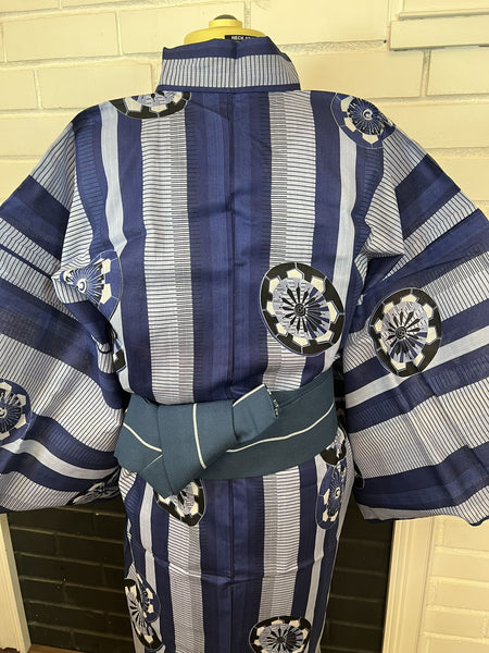 Men's Japanese Yukata Set: Blue Striped Cotton Kimono with Fan Motif