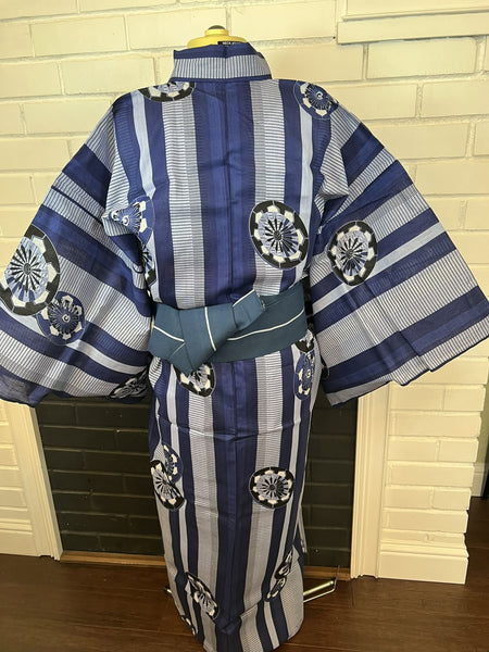 Men's Japanese Yukata Set: Blue Striped Cotton Kimono with Fan Motif