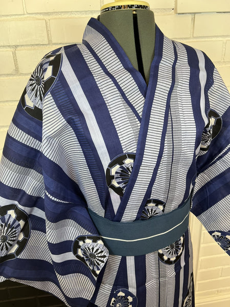 Men's Japanese Yukata Set: Blue Striped Cotton Kimono with Fan Motif
