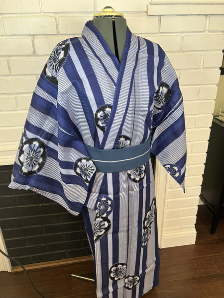 Men's Japanese Yukata Set: Blue Striped Cotton Kimono with Fan Motif