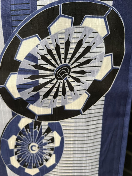 Men's Japanese Yukata Set: Blue Striped Cotton Kimono with Fan Motif