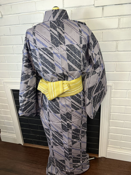 Men's Japanese Yukata 3pc Set: Gray Kasuri Cotton Kimono with Mustard Obi